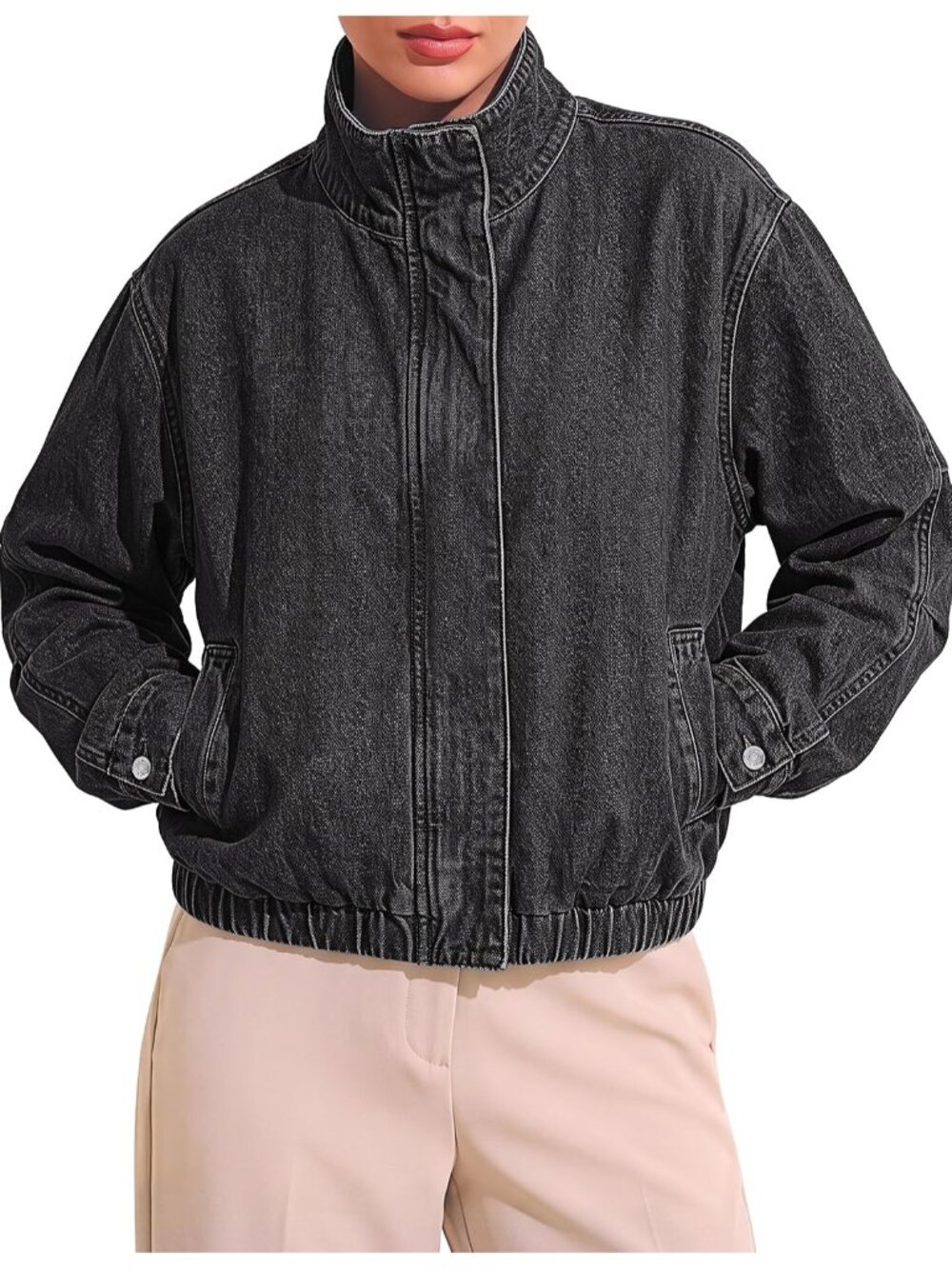 Women  Washed Black Denim Oversized Band Collar Funnel Neck Drop Shoulder Jacket